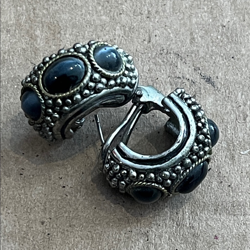 Silver and Black moonstone cats eye Beaded MX Earrings pierced marked